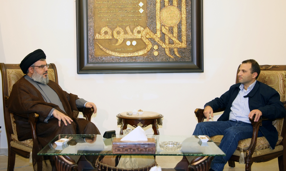 Sayyed Nasrallah receiving FPM Head, Geلاran Bassil (photo from archive: October, 2011)