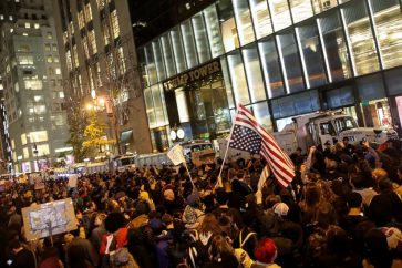 Hundreds of protestors rallying against Donald Trump gather outside of Trump Tower, Nov. 9, 2016 in New York
