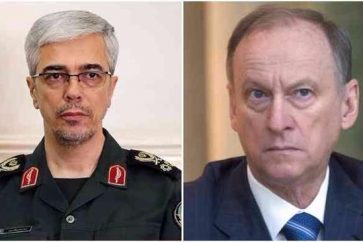 Chief of Staff of the Iranian Armed Forces Major General Mohammad Baqeri (L) and his Russian counterpart, Valery Vasilevich Gerasimov