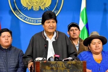 Mandatory Credit: Photo by STR/EPA-EFE/Shutterstock (10471029a)
Bolivian President Evo Morales (2-L) delivers a statement in El Alto, Bolivia, 10 November 2019. Morales announced the call for new general elections, following the report of the Organization of American States (OAS) that recommends the repetition of the first round of the elections held on October 20. He also assured that the new appointment with the polls will be held with a renewed electoral body, due to the allegations of fraud in the first round of which the current one is accused.
Evo Morales announces new elections in Bolivia after the OAS report, El Alto - 10 Nov 2019