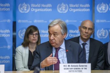U.N. Secretary-General Antonio Guterres speaks during an update on the situation regarding the COVID-19 (previously named novel coronavirus (2019-nCoV), at the World Health Organization (WHO) headquarters in Geneva, Switzerland, Monday, Feb. 24, 2020. (Salvatore Di Nolfi/Keystone via AP)