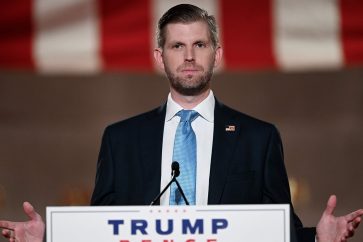 Eric Trump delivers a pre-recorded speech at the Andrew W. Mellon Auditorium in Washington, DC, on August 25, 2020, on the second day of the Republican National Convention. (Photo by Olivier DOULIERY / AFP)