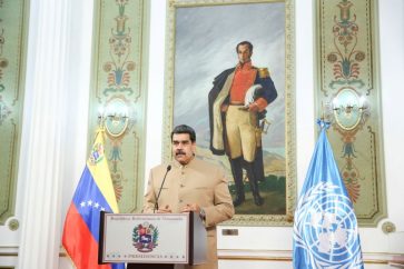Venezuela's President Nicolas Maduro speaks at the 75th UN annual meeting from Miraflores Palace in Caracas, Venezuela September 22, 2020. Miraflores Palace/Handout via REUTERS