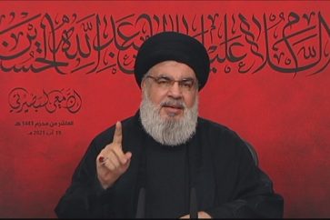 Hezbollah Secretary General Sayyed Hasan Nasrallah delivers a speech on the Day of Ashura