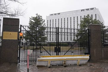 A view of the Russian Embassy in Washington, Thursday, Feb. 24, 2022. (AP Photo/Susan Walsh)