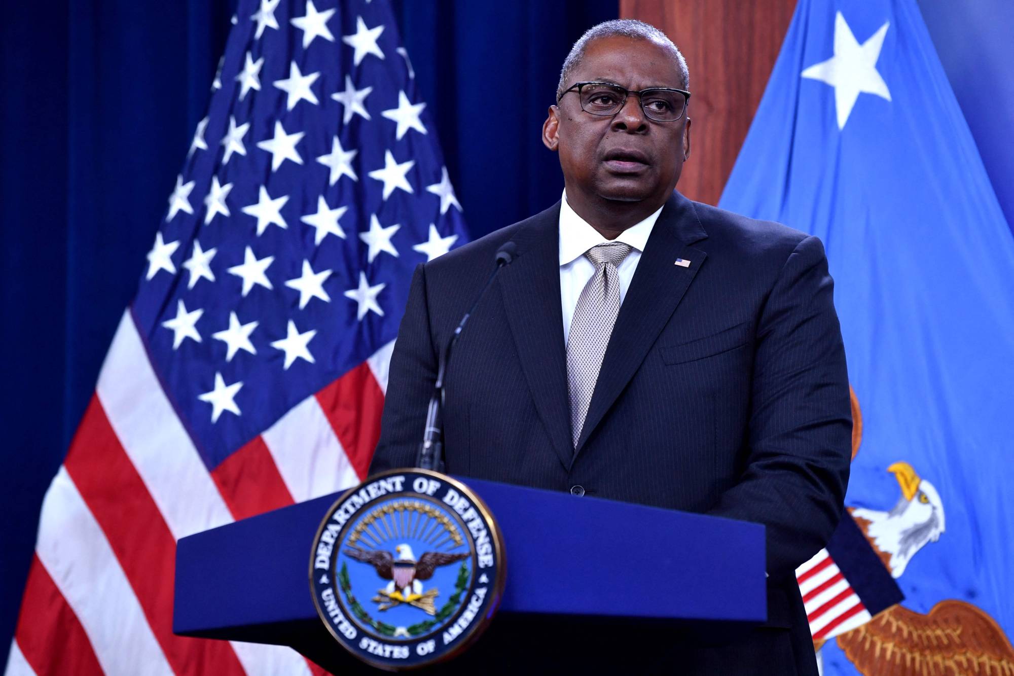 US Defense Secretary Lloyd Austin speaks during a press briefing at the Pentagon in Washington, DC, on May 23, 2022. (Photo by Nicholas Kamm / AFP)