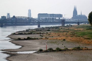 epa10128268 Dried up river bank at the Rhine River in Cologne, Germany, 18 August 2022. The river level in Cologne has currently dropped to 73 centimetres.  EPA-EFE/FRIEDEMANN VOGEL