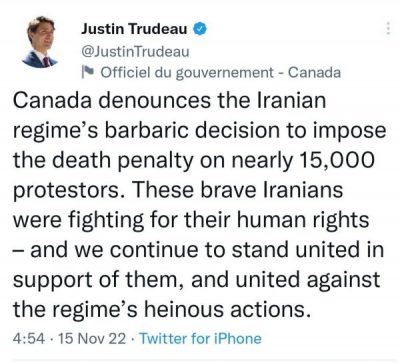 Trudeau tweet on Iran