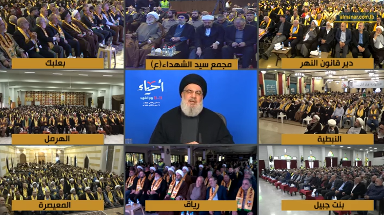 Sayyed Nasrallah addressing the ceremony held in Beirut's Dahiyeh, South Lebanon,  Bekaa, and Mount Lebanon