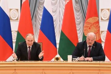 Russian President Vladimir Putin holds a joint press conference with Belarusian counterpart, President Aleksandr Lukashenko