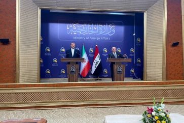 Iranian Foreign Minister Hussein Amirabdollahian in a joint press conference with his Iraqi counterpart Fuad Hussein in Baghdad (February 22, 2023)