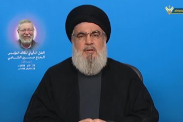 Sayyed Hasan Nasrallah during the memorial ceremony for the late founding leader of Al-Qard Al-Hassan Association, Hajj Hussein al-Shami