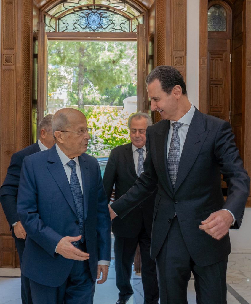 Syrian President Bashar Assad welcomes Lebanon's Former President Michel Aoun