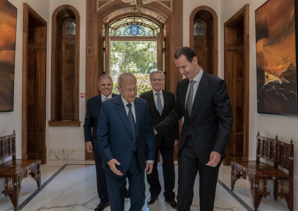 Syrian President Bashar Assad welcomes Lebanon's Former President Michel Aoun