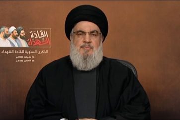 Hezbollah Secretary General Sayyed Hasan Nasrallah during commemorating ceremony in honor of Hezbollah's martyred leaders (February 16, 2024)