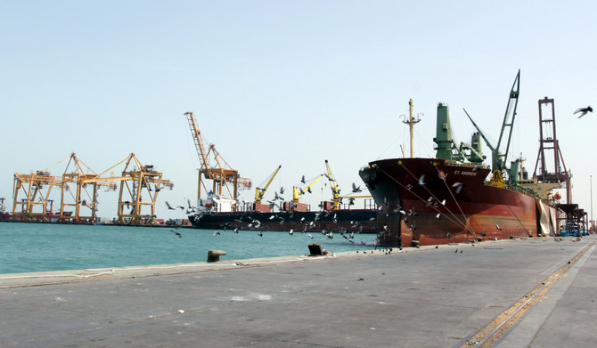A ship is docked at the Red Sea port of Hodeidah