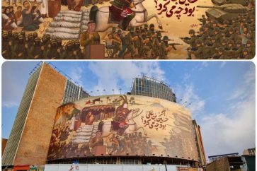 In Valiasr Square, Tehran, a mural commemorates the month of Muharram with the title: "What Would Imam Hussein (A.S.) Have Done if He Had Been Present?"