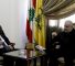 French special envoy Jean-Yves Le Drian (L) meets with Lebanon's Mohammed Raad, head of Hezbollah's parliamentary bloc, in Beirut's southern suburbs on September 24, 2024. (Photo by AFP)