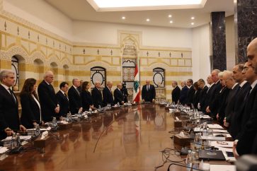 President Joseph Aoun (C) chairs the first meeting of Lebanon's new government at the Baabda presidential palace, east of Beirut, on February 11, 2025. Lebanese Premier Nawaf Salam (C-L) named a new government on February 8, ending more than two years under a caretaker cabinet. Salam said his newly-formed cabinet will strive to be a "government of reform and salvation", pledging to rebuild trust with the international community after a devastating Israel-Hezbollah war. (Photo by anwar amro / AFP)